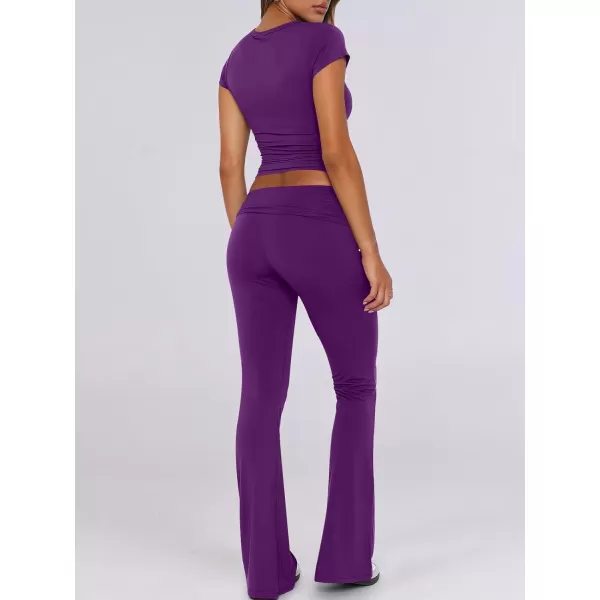 imageANRABESS Womens 2 Piece Lounge Sets Foldover Flare Pants Set Shorts Sleeve Y2K Cropped Top Casual Outfits PajamasDeep Purple