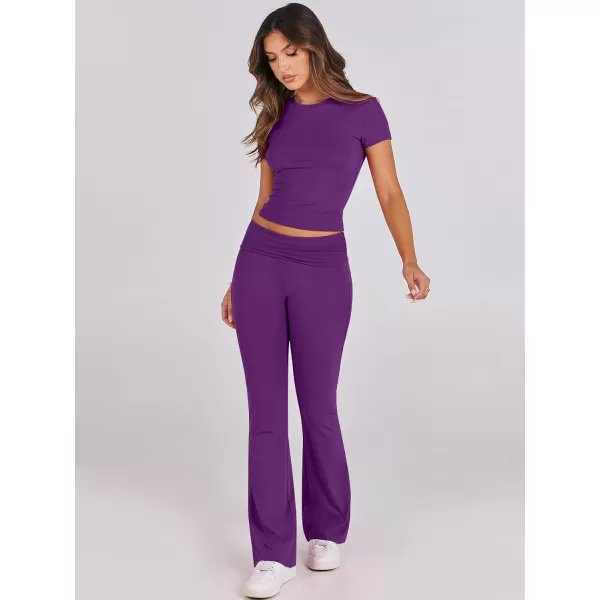 imageANRABESS Womens 2 Piece Lounge Sets Foldover Flare Pants Set Shorts Sleeve Y2K Cropped Top Casual Outfits PajamasDeep Purple