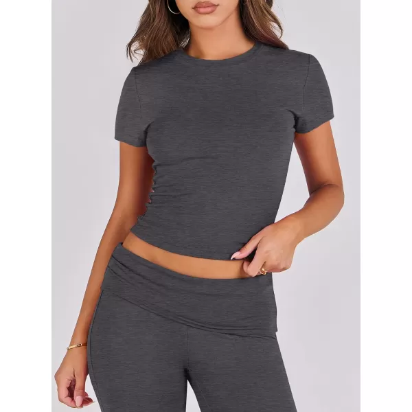imageANRABESS Womens 2 Piece Lounge Sets Foldover Flare Pants Set Shorts Sleeve Y2K Cropped Top Casual Outfits PajamasGray