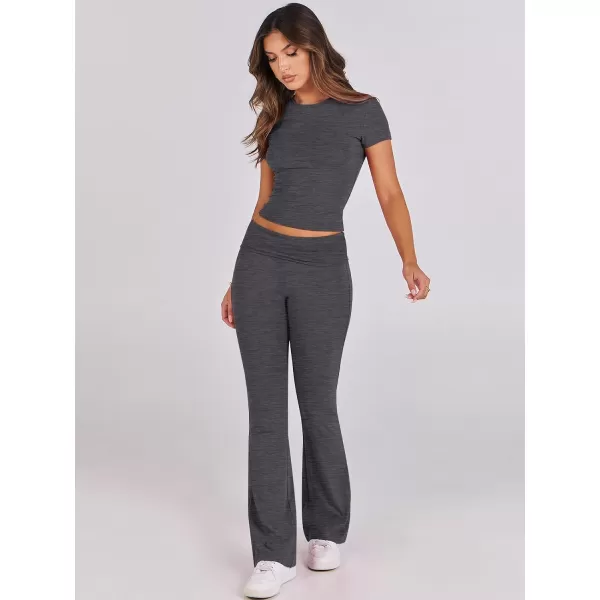 imageANRABESS Womens 2 Piece Lounge Sets Foldover Flare Pants Set Shorts Sleeve Y2K Cropped Top Casual Outfits PajamasGray