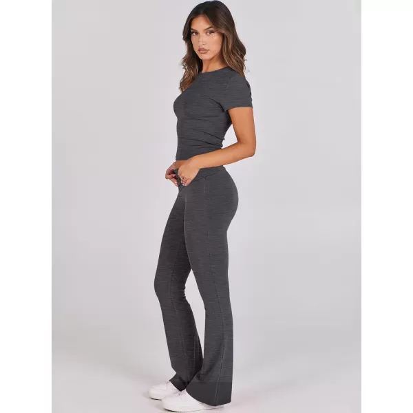 imageANRABESS Womens 2 Piece Lounge Sets Foldover Flare Pants Set Shorts Sleeve Y2K Cropped Top Casual Outfits PajamasGray