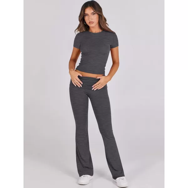 imageANRABESS Womens 2 Piece Lounge Sets Foldover Flare Pants Set Shorts Sleeve Y2K Cropped Top Casual Outfits PajamasGray