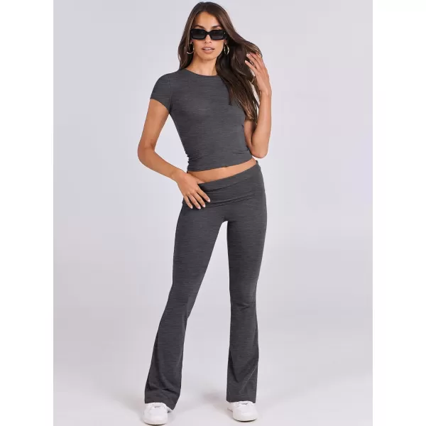 imageANRABESS Womens 2 Piece Lounge Sets Foldover Flare Pants Set Shorts Sleeve Y2K Cropped Top Casual Outfits PajamasGray