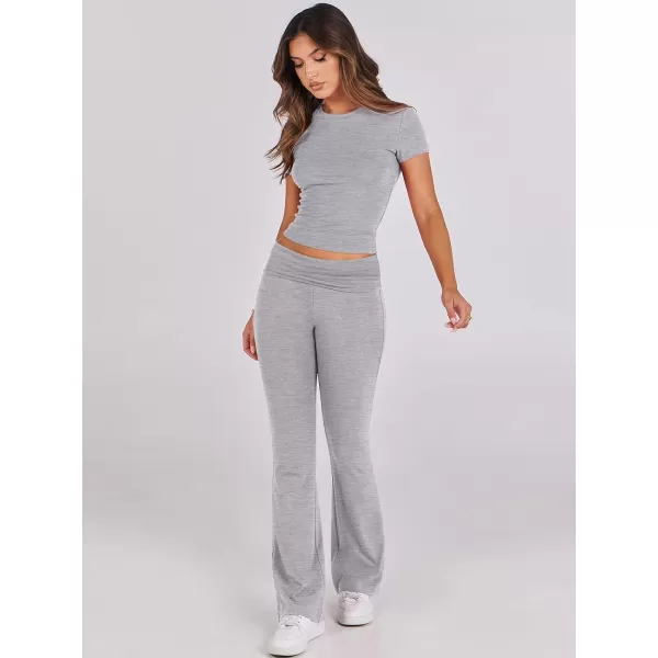 imageANRABESS Womens 2 Piece Lounge Sets Foldover Flare Pants Set Shorts Sleeve Y2K Cropped Top Casual Outfits PajamasGrey