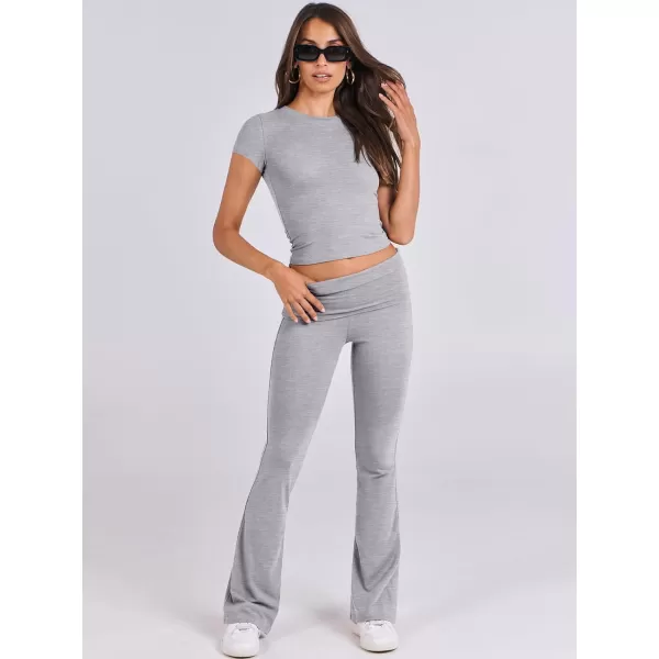 imageANRABESS Womens 2 Piece Lounge Sets Foldover Flare Pants Set Shorts Sleeve Y2K Cropped Top Casual Outfits PajamasGrey