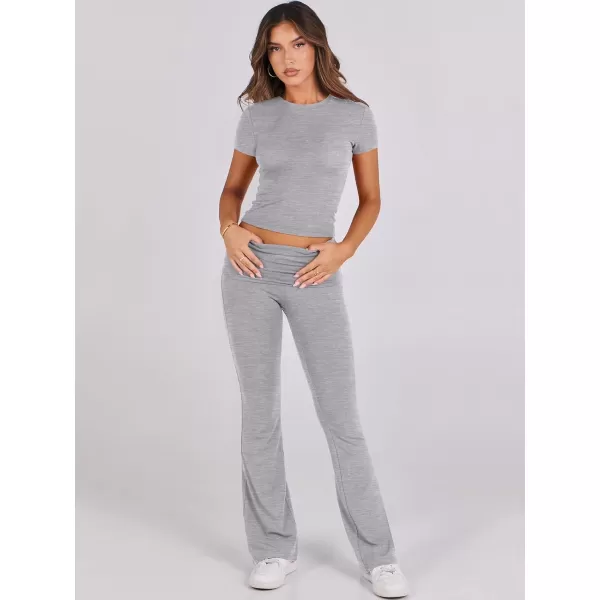 imageANRABESS Womens 2 Piece Lounge Sets Foldover Flare Pants Set Shorts Sleeve Y2K Cropped Top Casual Outfits PajamasGrey