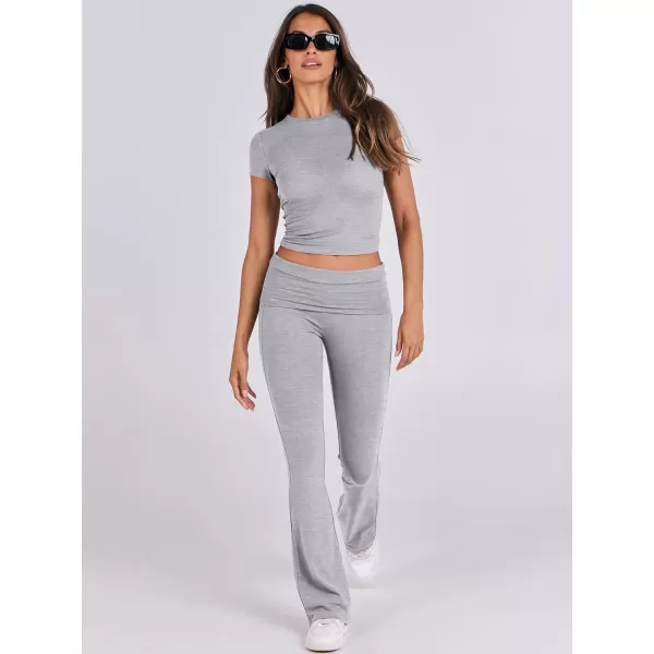 imageANRABESS Womens 2 Piece Lounge Sets Foldover Flare Pants Set Shorts Sleeve Y2K Cropped Top Casual Outfits PajamasGrey