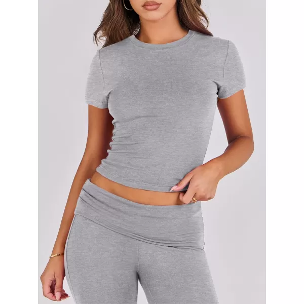 imageANRABESS Womens 2 Piece Lounge Sets Foldover Flare Pants Set Shorts Sleeve Y2K Cropped Top Casual Outfits PajamasGrey