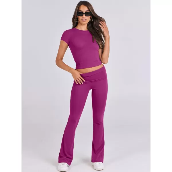 imageANRABESS Womens 2 Piece Lounge Sets Foldover Flare Pants Set Shorts Sleeve Y2K Cropped Top Casual Outfits PajamasHot Pink