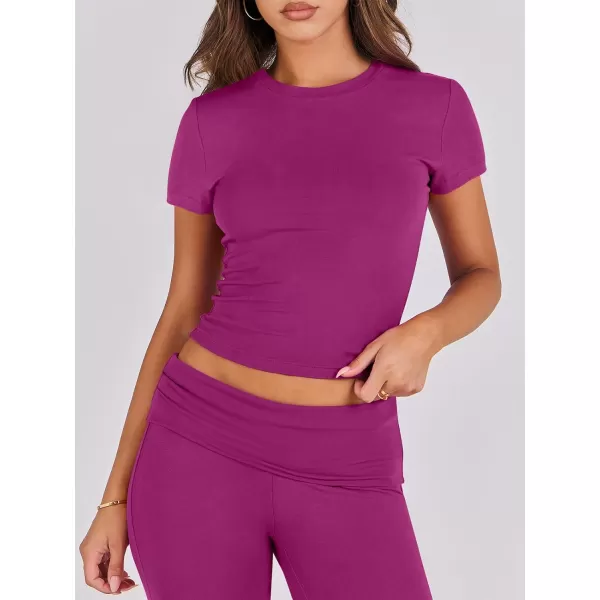 imageANRABESS Womens 2 Piece Lounge Sets Foldover Flare Pants Set Shorts Sleeve Y2K Cropped Top Casual Outfits PajamasHot Pink