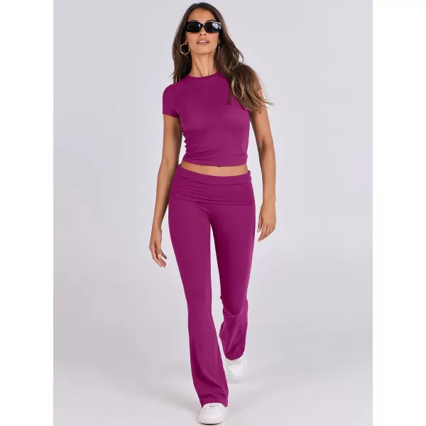 imageANRABESS Womens 2 Piece Lounge Sets Foldover Flare Pants Set Shorts Sleeve Y2K Cropped Top Casual Outfits PajamasHot Pink