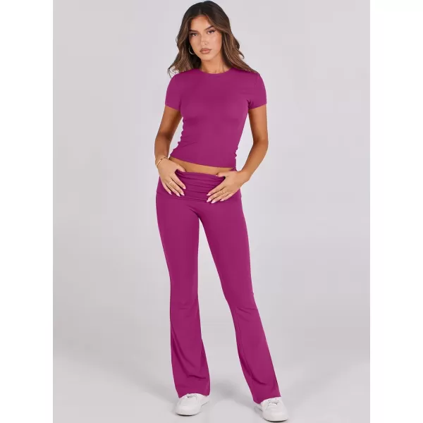 imageANRABESS Womens 2 Piece Lounge Sets Foldover Flare Pants Set Shorts Sleeve Y2K Cropped Top Casual Outfits PajamasHot Pink