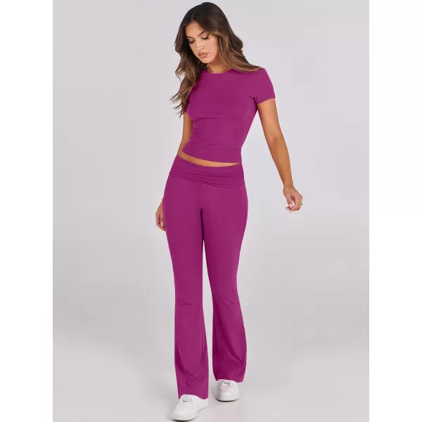 imageANRABESS Womens 2 Piece Lounge Sets Foldover Flare Pants Set Shorts Sleeve Y2K Cropped Top Casual Outfits PajamasHot Pink