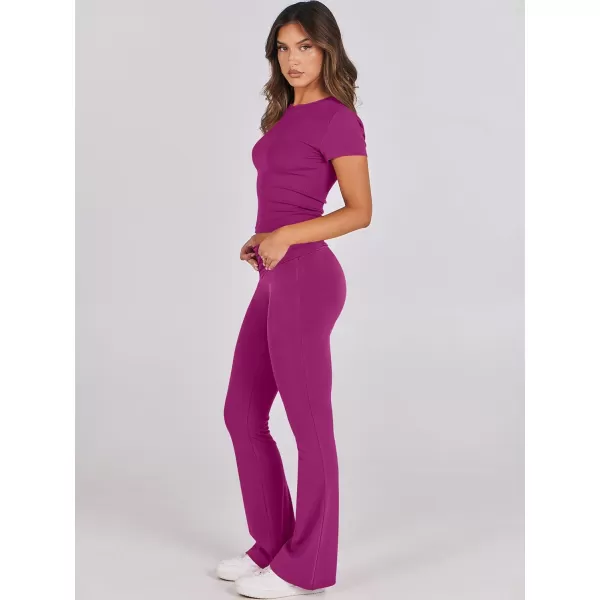 imageANRABESS Womens 2 Piece Lounge Sets Foldover Flare Pants Set Shorts Sleeve Y2K Cropped Top Casual Outfits PajamasHot Pink