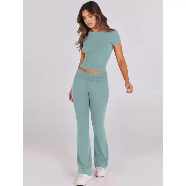 imageANRABESS Womens 2 Piece Lounge Sets Foldover Flare Pants Set Shorts Sleeve Y2K Cropped Top Casual Outfits PajamasLake Green