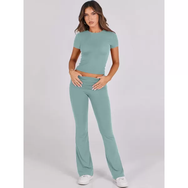 imageANRABESS Womens 2 Piece Lounge Sets Foldover Flare Pants Set Shorts Sleeve Y2K Cropped Top Casual Outfits PajamasLake Green