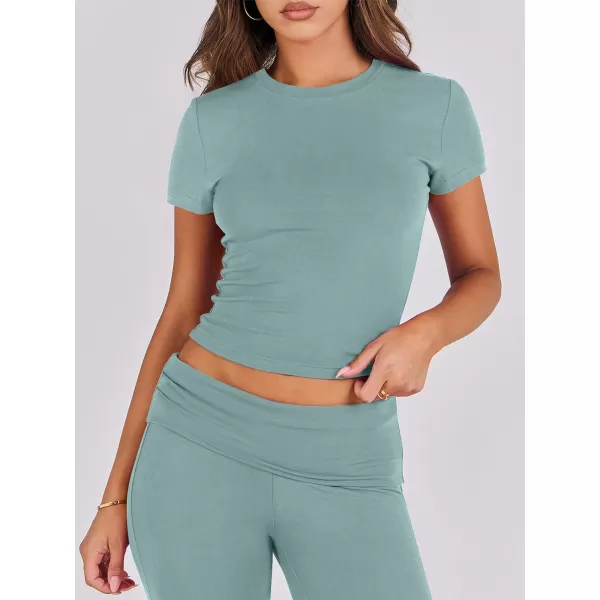 imageANRABESS Womens 2 Piece Lounge Sets Foldover Flare Pants Set Shorts Sleeve Y2K Cropped Top Casual Outfits PajamasLake Green
