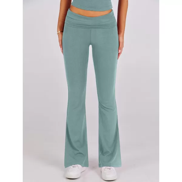 imageANRABESS Womens 2 Piece Lounge Sets Foldover Flare Pants Set Shorts Sleeve Y2K Cropped Top Casual Outfits PajamasLake Green