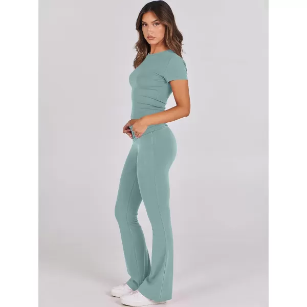 imageANRABESS Womens 2 Piece Lounge Sets Foldover Flare Pants Set Shorts Sleeve Y2K Cropped Top Casual Outfits PajamasLake Green