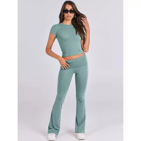 imageANRABESS Womens 2 Piece Lounge Sets Foldover Flare Pants Set Shorts Sleeve Y2K Cropped Top Casual Outfits PajamasLake Green
