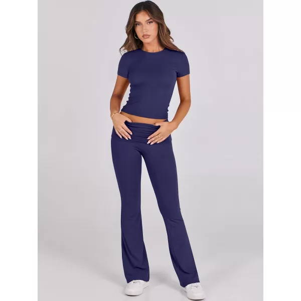 imageANRABESS Womens 2 Piece Lounge Sets Foldover Flare Pants Set Shorts Sleeve Y2K Cropped Top Casual Outfits PajamasNavy Blue