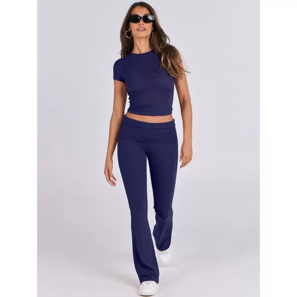 imageANRABESS Womens 2 Piece Lounge Sets Foldover Flare Pants Set Shorts Sleeve Y2K Cropped Top Casual Outfits PajamasNavy Blue