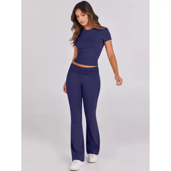imageANRABESS Womens 2 Piece Lounge Sets Foldover Flare Pants Set Shorts Sleeve Y2K Cropped Top Casual Outfits PajamasNavy Blue