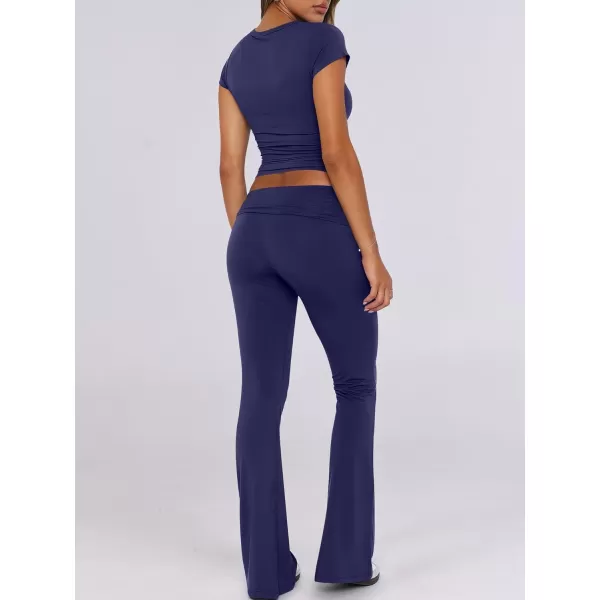 imageANRABESS Womens 2 Piece Lounge Sets Foldover Flare Pants Set Shorts Sleeve Y2K Cropped Top Casual Outfits PajamasNavy Blue