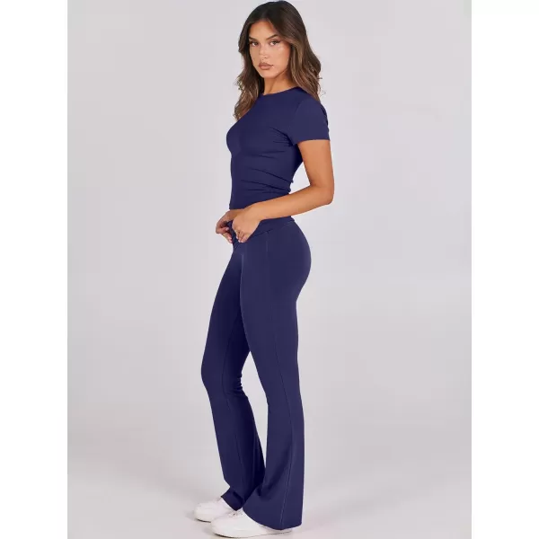 imageANRABESS Womens 2 Piece Lounge Sets Foldover Flare Pants Set Shorts Sleeve Y2K Cropped Top Casual Outfits PajamasNavy Blue