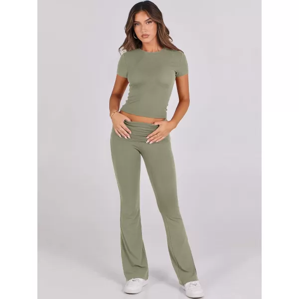 imageANRABESS Womens 2 Piece Lounge Sets Foldover Flare Pants Set Shorts Sleeve Y2K Cropped Top Casual Outfits PajamasOlive