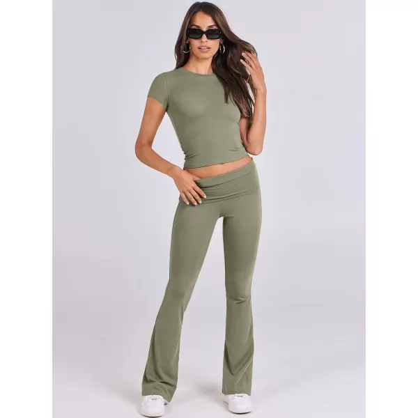 imageANRABESS Womens 2 Piece Lounge Sets Foldover Flare Pants Set Shorts Sleeve Y2K Cropped Top Casual Outfits PajamasOlive