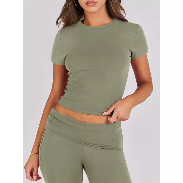 imageANRABESS Womens 2 Piece Lounge Sets Foldover Flare Pants Set Shorts Sleeve Y2K Cropped Top Casual Outfits PajamasOlive