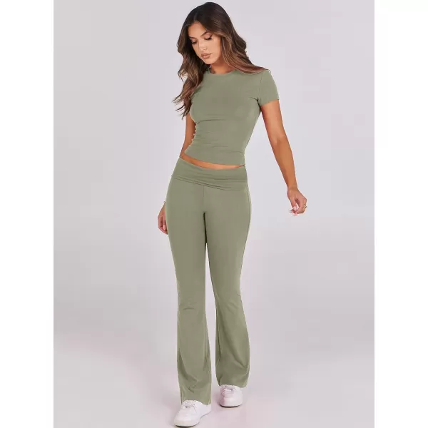 imageANRABESS Womens 2 Piece Lounge Sets Foldover Flare Pants Set Shorts Sleeve Y2K Cropped Top Casual Outfits PajamasOlive