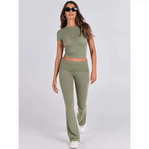 imageANRABESS Womens 2 Piece Lounge Sets Foldover Flare Pants Set Shorts Sleeve Y2K Cropped Top Casual Outfits PajamasOlive