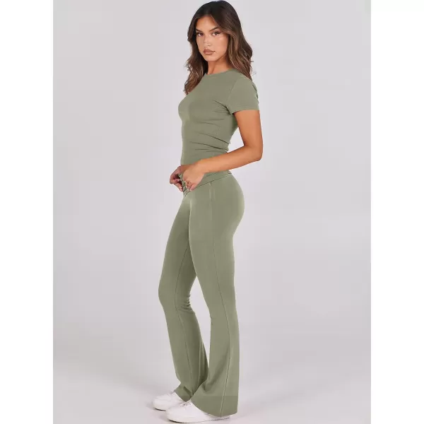 imageANRABESS Womens 2 Piece Lounge Sets Foldover Flare Pants Set Shorts Sleeve Y2K Cropped Top Casual Outfits PajamasOlive