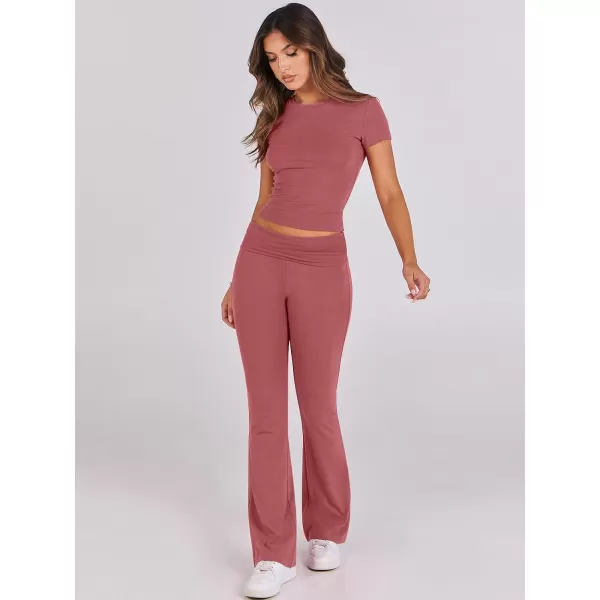 imageANRABESS Womens 2 Piece Lounge Sets Foldover Flare Pants Set Shorts Sleeve Y2K Cropped Top Casual Outfits PajamasPeach