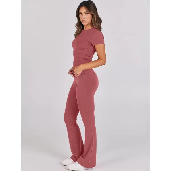 imageANRABESS Womens 2 Piece Lounge Sets Foldover Flare Pants Set Shorts Sleeve Y2K Cropped Top Casual Outfits PajamasPeach