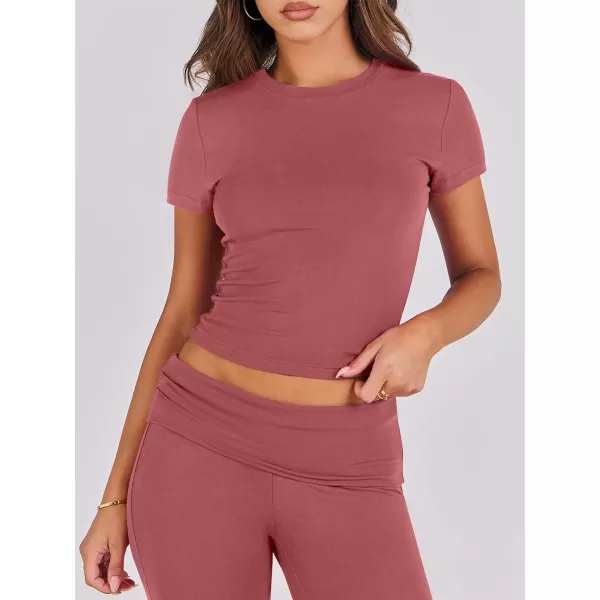 imageANRABESS Womens 2 Piece Lounge Sets Foldover Flare Pants Set Shorts Sleeve Y2K Cropped Top Casual Outfits PajamasPeach