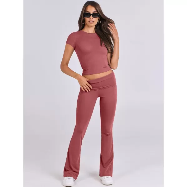 imageANRABESS Womens 2 Piece Lounge Sets Foldover Flare Pants Set Shorts Sleeve Y2K Cropped Top Casual Outfits PajamasPeach