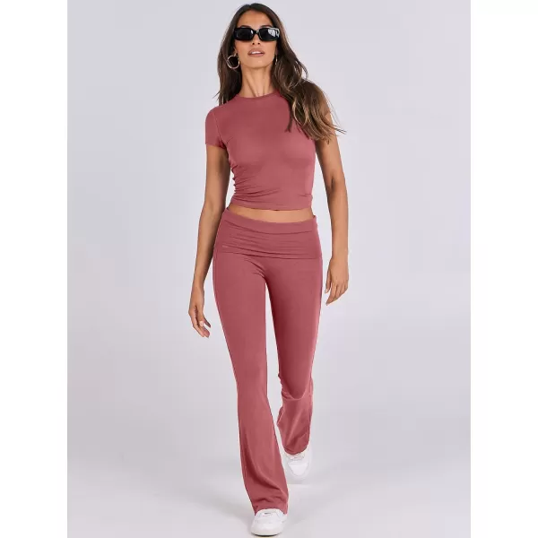 imageANRABESS Womens 2 Piece Lounge Sets Foldover Flare Pants Set Shorts Sleeve Y2K Cropped Top Casual Outfits PajamasPeach