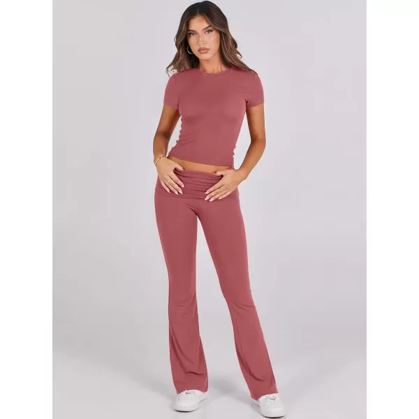 imageANRABESS Womens 2 Piece Lounge Sets Foldover Flare Pants Set Shorts Sleeve Y2K Cropped Top Casual Outfits PajamasPeach