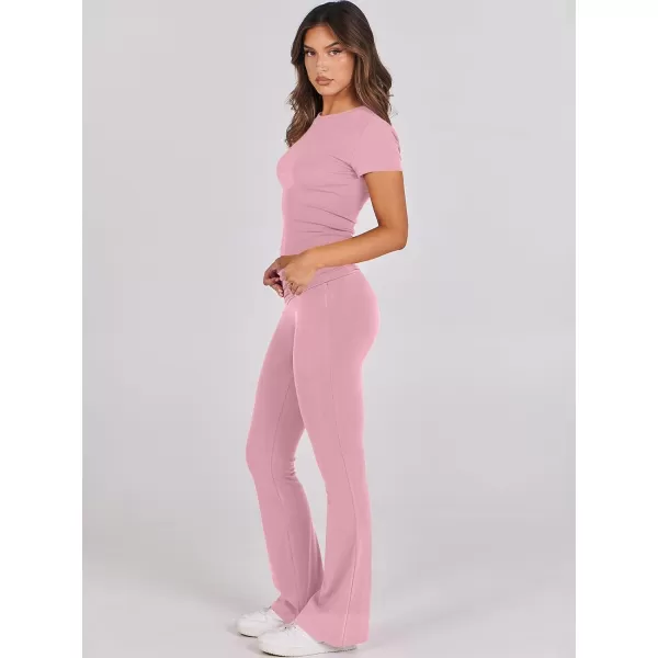 imageANRABESS Womens 2 Piece Lounge Sets Foldover Flare Pants Set Shorts Sleeve Y2K Cropped Top Casual Outfits PajamasPink
