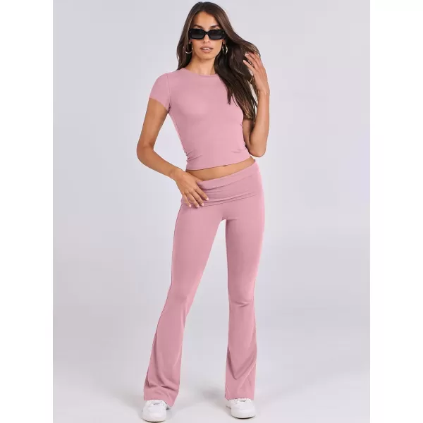 imageANRABESS Womens 2 Piece Lounge Sets Foldover Flare Pants Set Shorts Sleeve Y2K Cropped Top Casual Outfits PajamasPink