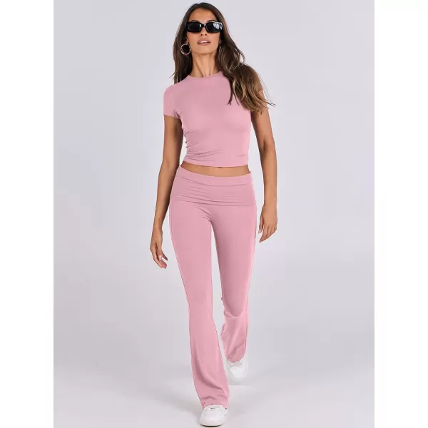 imageANRABESS Womens 2 Piece Lounge Sets Foldover Flare Pants Set Shorts Sleeve Y2K Cropped Top Casual Outfits PajamasPink