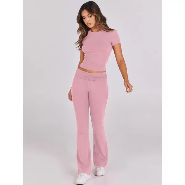 imageANRABESS Womens 2 Piece Lounge Sets Foldover Flare Pants Set Shorts Sleeve Y2K Cropped Top Casual Outfits PajamasPink