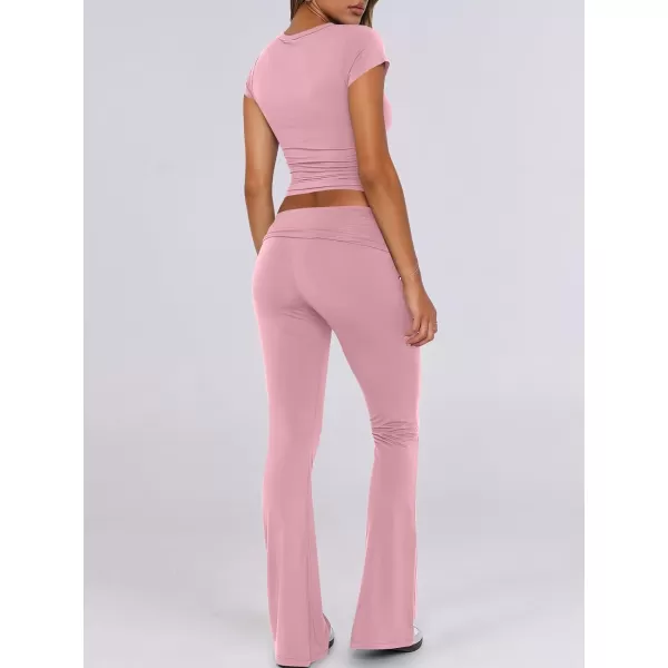 imageANRABESS Womens 2 Piece Lounge Sets Foldover Flare Pants Set Shorts Sleeve Y2K Cropped Top Casual Outfits PajamasPink