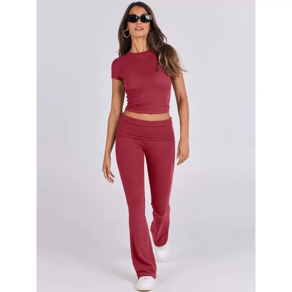 imageANRABESS Womens 2 Piece Lounge Sets Foldover Flare Pants Set Shorts Sleeve Y2K Cropped Top Casual Outfits PajamasRed