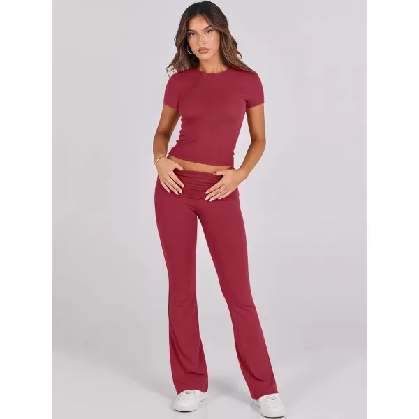 imageANRABESS Womens 2 Piece Lounge Sets Foldover Flare Pants Set Shorts Sleeve Y2K Cropped Top Casual Outfits PajamasRed