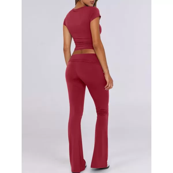 imageANRABESS Womens 2 Piece Lounge Sets Foldover Flare Pants Set Shorts Sleeve Y2K Cropped Top Casual Outfits PajamasRed