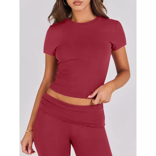 imageANRABESS Womens 2 Piece Lounge Sets Foldover Flare Pants Set Shorts Sleeve Y2K Cropped Top Casual Outfits PajamasRed